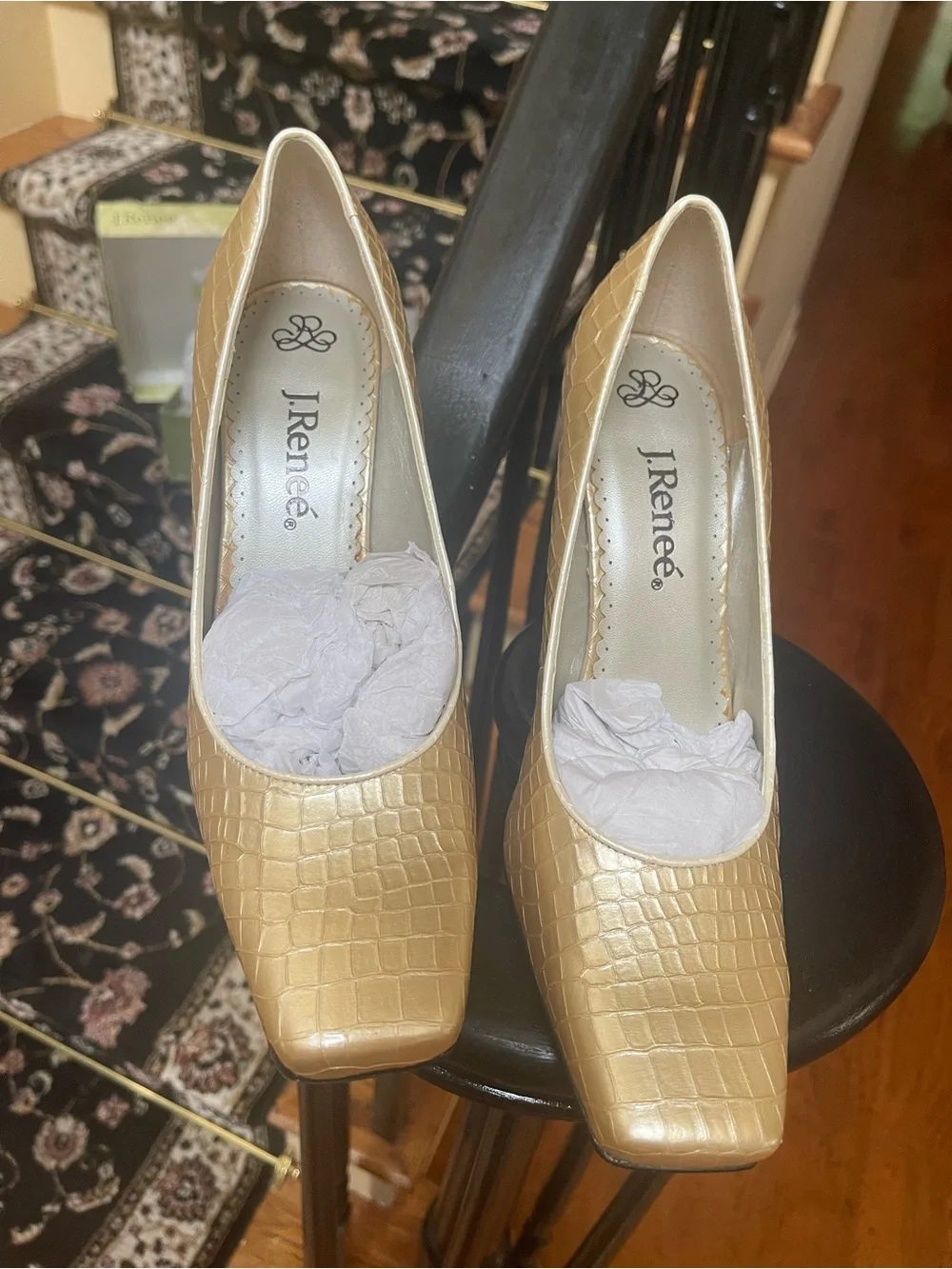 J Renee Retro Champagne Crocodile Embossed Neutral  Pattern Pumps Square Toe 9.5